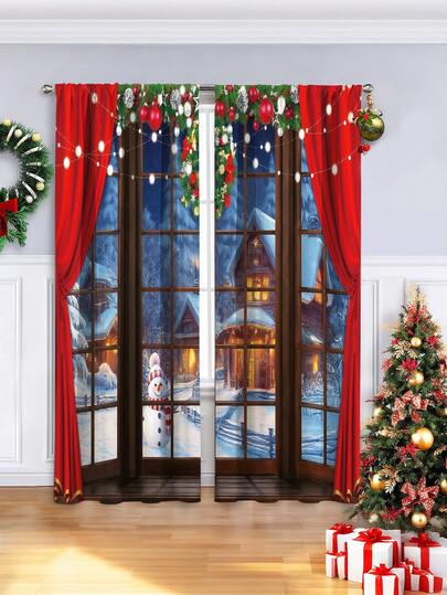 2PCS Christmas-Themed Brushed Fabric Digital Print Curtains, Dreamy And Warm Style Design With Red Curtains, Snowy Night Cabin, Snowman And Warm Lights, Rod Pocket Installation, Semi-Transparent Polyester Fiber Material, Suitable For Living Room, Kitchen, Bedroom, Dining Room, Filling Your Home With Festive Atmosphere