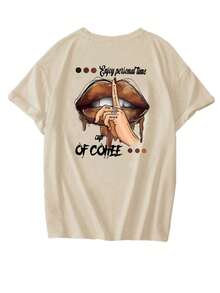 夏季新款简约时尚INS吸睛美式咖啡手势印花休闲圆领短袖T恤，时尚百搭女式上衣 - 杏色 - 查看 13