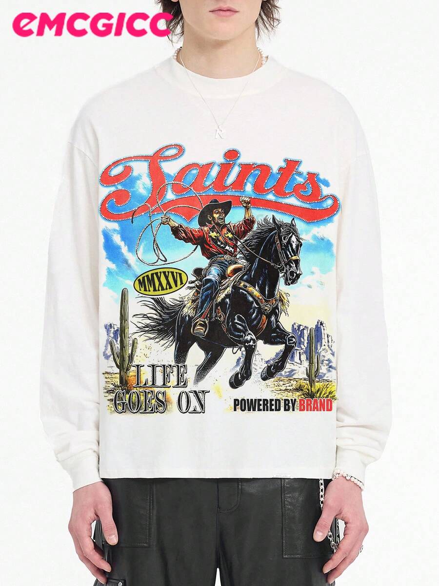 EMCGICC Motocore Y2k Long Sleeve Shirt, Urban Art Punk Graphic T-Shirt Cotton 250g, Preppy Lettering Fashion Hip Hop Men's Long Sleeve T-Shirt, Fun Vintage Shirt, Regular Fit, Motocore Street Style, Digital Print, Ideal Gift - 白色 - 查看 1