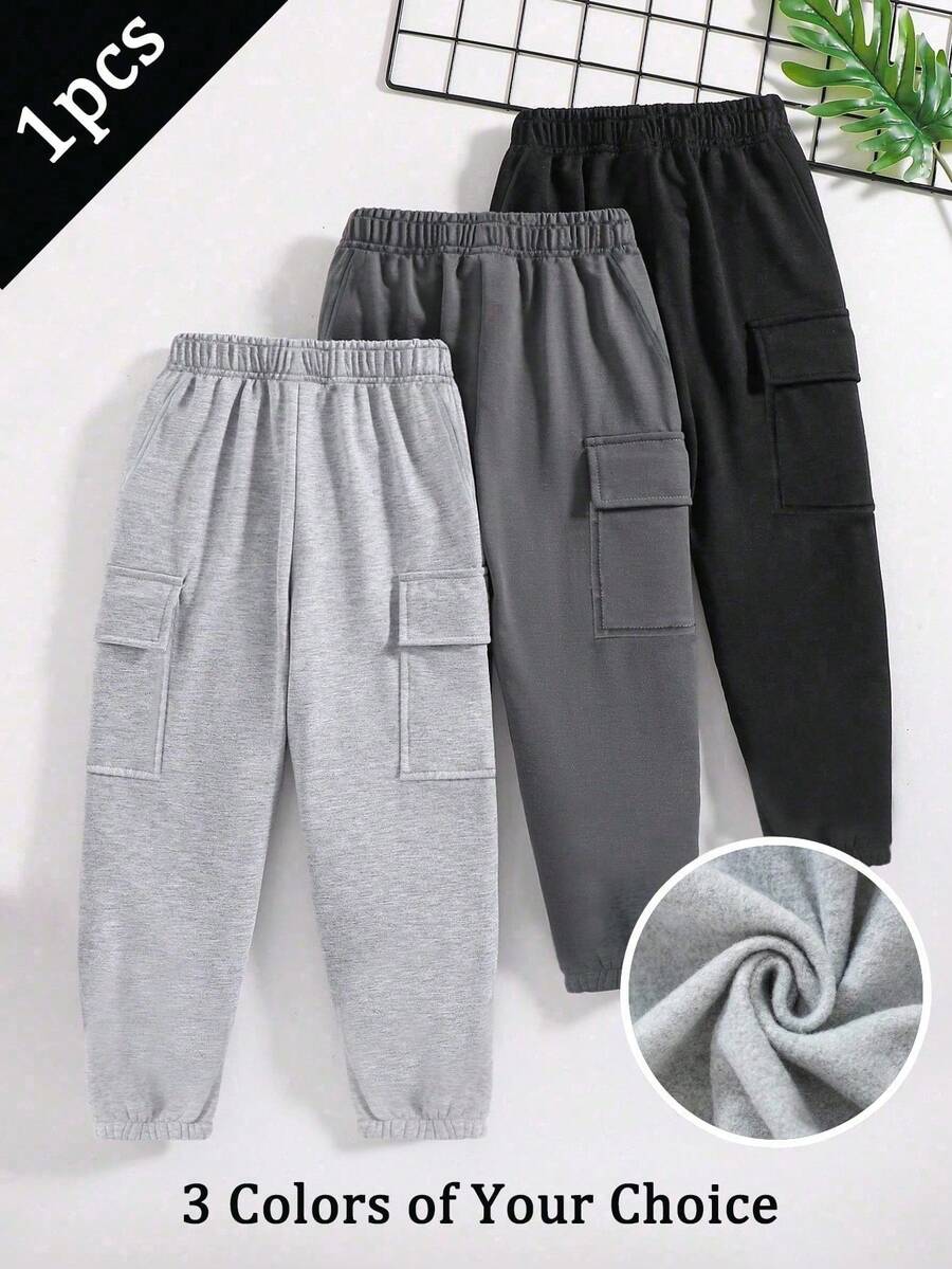 1 Peça Calça de Moletom Casual e Larga com Bolso Lateral, Reta, para Meninos Pré-Adolescentes, Calça Térmica Forrada Grossa e Quente para Exercícios e Esportes ao Ar Livre, Outono/Inverno - Cinza - Visão 1