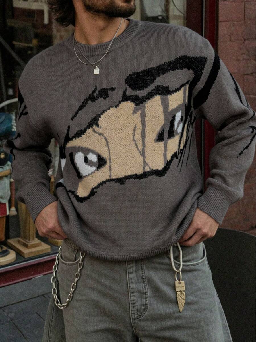 Men's Loose Casual Cartoon Girl Eye Print Pullover Sweater, Streetwear Style, Round Neck, Long Sleeve, Autumn/Winter - 棕色 - 查看 1