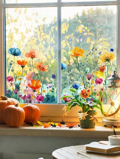 1 szt. Naklejka na okno z motywem kwiatowym, rustykalna naklejka ścienna z motywem kwiatów i motyli – PVC, samoprzylepna naklejka na okno do dekoracji wnętrz – gładka powierzchnia, asymetryczny kształt, jednorazowa – motyw botaniczny, do stosowania na wielu powierzchniach