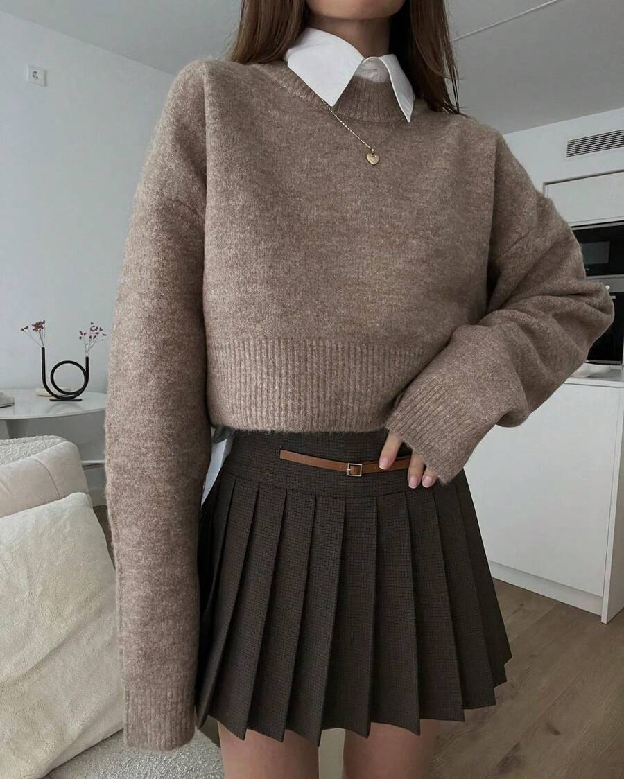Dila Polly 女款純色秋冬休閒百搭短版毛衣,卡其色 Y2K 短款毛衣,適合返校季 - 卡其色 - 查看 1