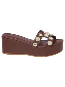 Tamanco Feminino Plataforma Anabela Slide H com Tachas Metal Aplicações - Café - Visão 3