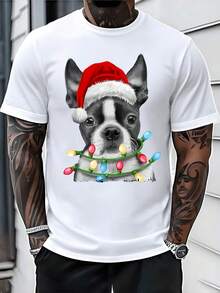 French Bulldog Dog With Christmas Hat And Colored Lights That Transmits Festive Joy And Christmas Tenderness, Ideal To Stand Out At Family Gatherings And Reflect A Warm And Friendly Spirit. 100% Cotton Men's T-Shirt. - 白色 - 查看 8