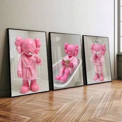 1 pieza Pintura decorativa de animación de Kaws en ducha y baño rosa lindo, póster de Kaws, impresión, arte de pared de baño, decoración de baño, sin marco