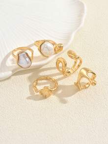 5pcs Asymmetrical Geometric Beads Liquid Metal Style Casual Versatile Women Rings Set, Luxurious Retro Vintage Rings