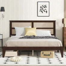 King Size Bed With Rattan Headboard In Espresso, Rubber Wood Platform Bed With 2 Storage Drawers, Enhanced Support Slats & Reinforced Feet (Mattress Not Included) - Espresso + Gỗ cao su + King - Xem 2