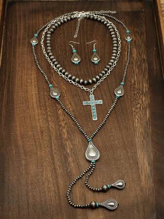 3pcs Necklaces + 1 Pair Earrings, Western Country Style CCB Antique Brushed Pearl & Faux Turquoise Beaded Necklace Set, Vintage Multi-Layer Beaded Necklace, Bohemian Pearl Necklace Jewelry Gift Set