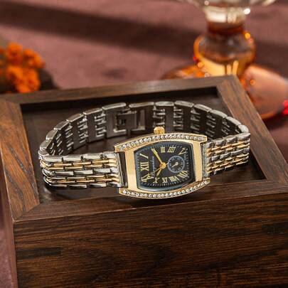 xinyunkou Vintage Luxury Wine Barrel Shaped Wristwatch, Gold-Tone Bezel With Diamond Roman Numerals, Elegant Retro Style Women's Watch