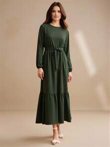 Women's Solid Color Ruffle Hem, Tie Waist, Modest Round Neck Long Sleeve Ruffle Maxi Dress - Green - View 5