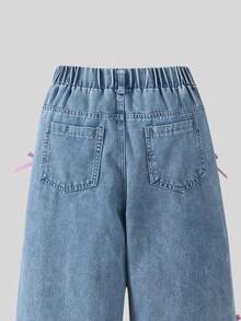 青少年女孩时尚休闲宽松直筒牛仔裤，侧边蝴蝶结 - 藍色 - 查看 8