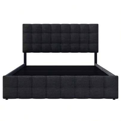 Upholstered Bed With 4 Drawers, Double Bed With Slatted Frame, Storage Bed, Height-Adjustable Headboard & Square Stitching Design, Metal Slatted Support, Linen Material (140*200 Cm, Grey)