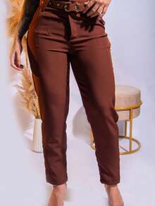 Women's Tailored Trousers With Elegant Buckle Belt And Pocket, Skinny High Waist - 鏽棕色 - 查看 9