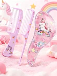 Set de 3 peines con diseño de unicornio, incluye peine de masaje para el cuello, peine de masaje con ventana transparente y diseño de coleta, hecho de plástico ABS decorativo apto para todo tipo de peinados, perfecto para viajes o como regalo, ideal para el cuidado diario del cabello, regalo ideal para niñas