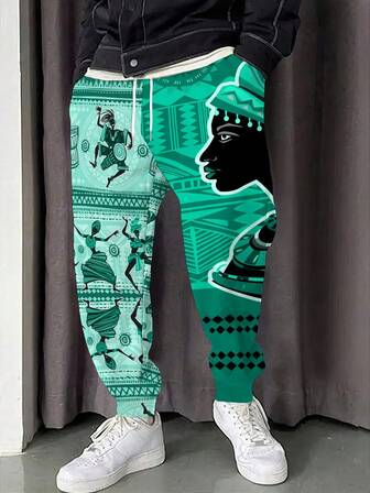 2025秋季新款非洲风情3D印花运动套装，男士休闲弹力腰慢跑裤