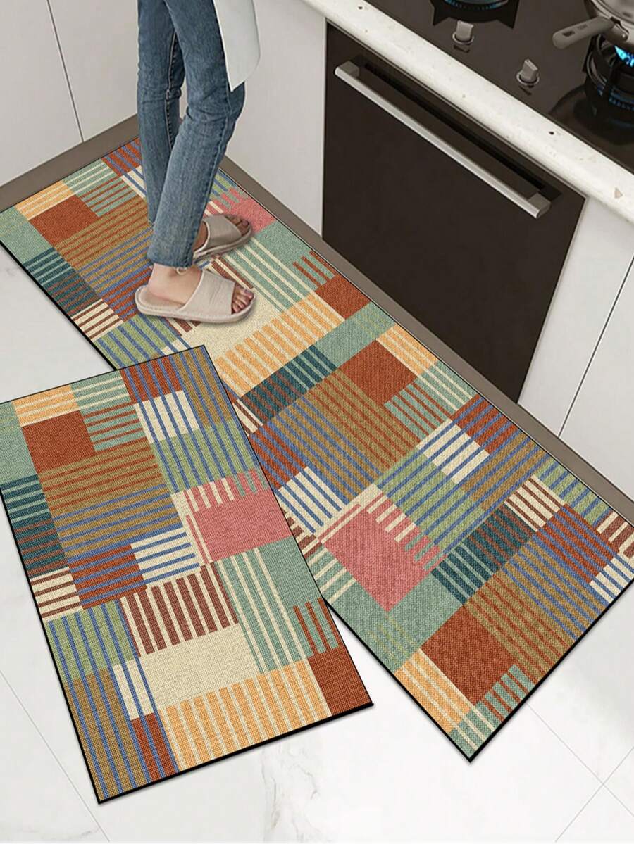 1 件软橡胶厨房地垫，3.5 毫米厚厨房地毯，抽象艺术拼布设计，吸水厨房地垫，可裁剪以适应厨房，表面织物，中间海绵层，底部橡胶层，适用于厨房地毯、厨房装饰、婚礼装饰、家居装饰、浴室地垫、入口地垫、洗衣房地垫、走廊地毯、客厅地垫等。