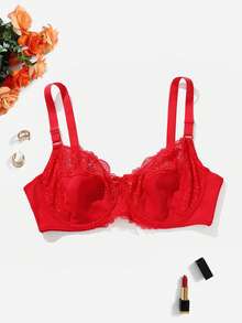 1pc Plus Size Women's Underwire Lace Bra, Sexy Breathable Lift-Up Bra With Wide Straps, Includes Christmas Red