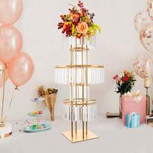 43.3in Tall Wedding Gold Crystal Flower Stand, Square Pedestal Stand, Crystal Flower Rack, Silver Vases Centerpieces Crystal Flower Stand With Hanging Crystals, 5-Tier Square Chandelier Pedestal Stand For Wedding Road Lead T Stage Flower Arrangement Decoration - 金色 - 查看 5