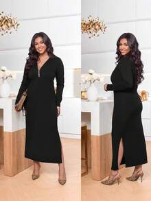 Black Elegant Dress For Women Long Sleeves , Perfect For Spring/Summer Events, Machine Washable Polyester Blend,With A Zipper,Split Skirt ﻿ - Black - View 7