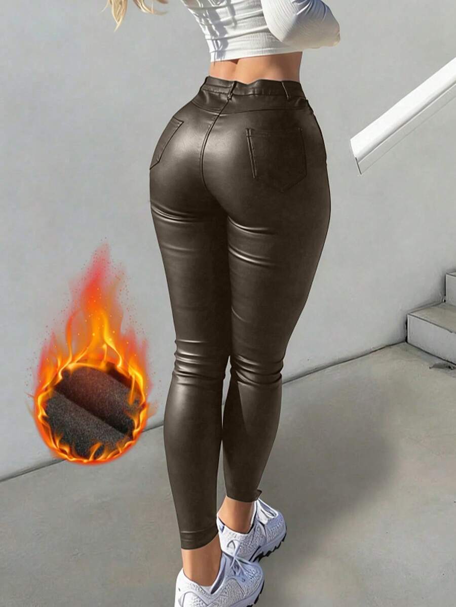 Apperloth A Pantalones ceñidos de cintura alta con botones, forro polar y piel sintética, estilo vintage para fiestas, uso diario y casual, ideal para el Día de Acción de Gracias - Marrón Mocha - Ver 1