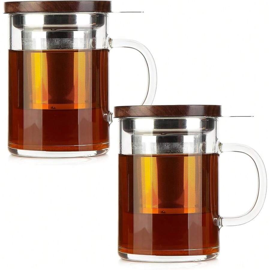 Cup With Infuser Walnut Lid&Handle, Glass Cups With Wide Mouth Cacittainless Steel Infuser Mug For Loose Leaf Steeping(14oz/400) - 2 - Xem 1