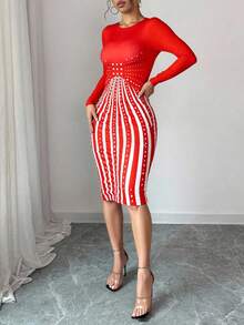 Vestido Sexy de Manga Larga con Estampado de Rayas y Transparencias en Escote - Rojo - Ver 1