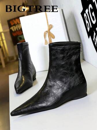 Dam Retro bekväma lågklackade kilklackade ankelstövlar med dragkedja inuti, bantande och mångsidiga korta stövlar i europeisk stil