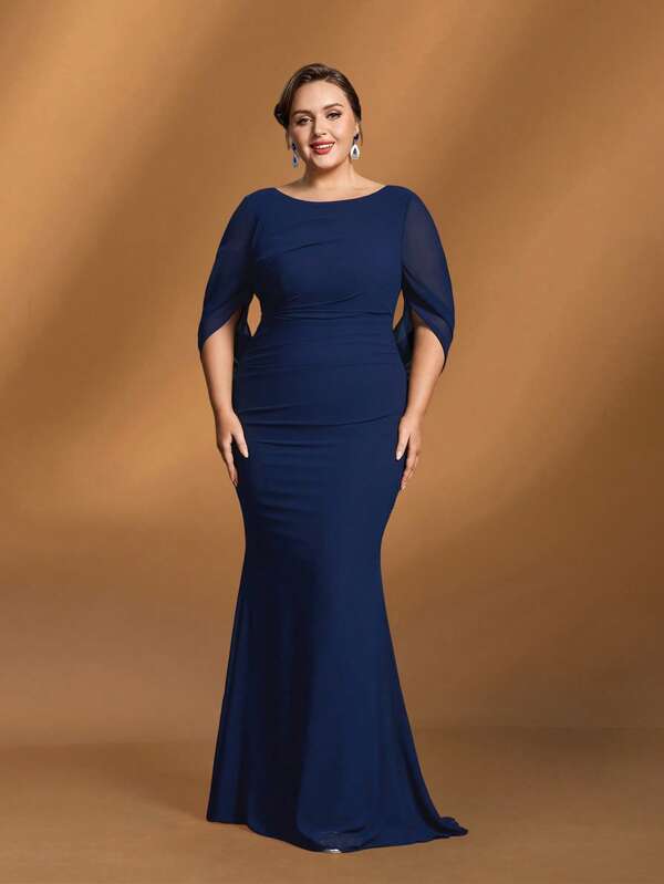 Faeriesty Mosy Plus Size Elegant Boat Neck Bridal Mother Gown With Sweep Train Sleeves & Mermaid Tail Hem Featuring Draped Detailing - Formal Mother Of The Bride Dress Perfect For Weddings, Gala Dinners, Award Ceremonies, Charity Balls, And Black-Tie Events