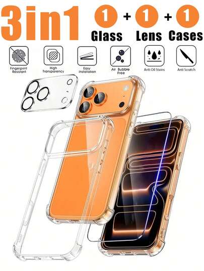 3-In-1 Combo Set Compatible With Iphone 17 Pro Max/17 Pro/17 Air/17: 1 Screen Protector + 1 Camera Lens Protector + 1 Ultra-Thin Soft TPU Anti-Drop Transparent Phone Case, Minimalist Style, High-Quality Protective Film, Anti-Scratch Glass, Shock-Proof Protective Cover, Ideal Choice For Digital Enthusiasts.