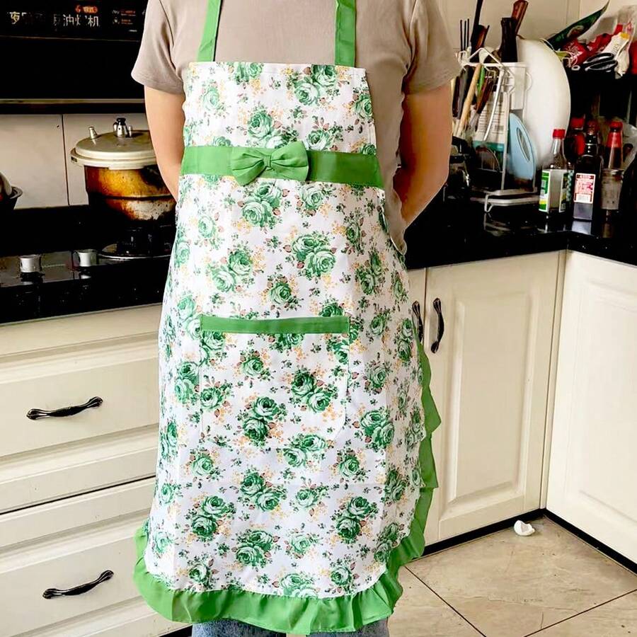1pc Floral Print Women's Breathable & Lightweight Apron With Pockets, Suitable For Kitchen, Cooking And BBQ
