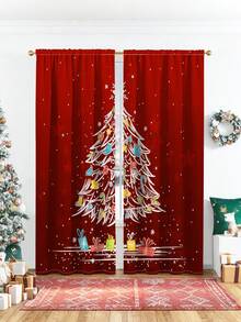 2PCS Christmas-Themed Brushed Fabric Digital Print Curtains, Lively And Playful Style Design With Red Background, Hand-Drawn Christmas Tree, Colorful Decorations And Gifts, Rod Pocket Installation, Semi-Transparent Polyester Fiber Material, Suitable For Living Room, Kitchen, Bedroom, Dining Room, Filling Your Home With Festive Atmosphere