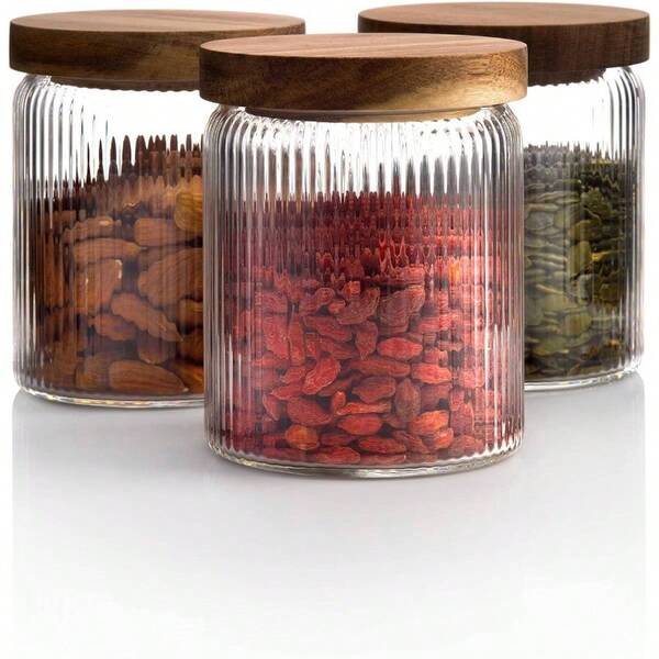 Ribbed Glass Storage Jars With Airtight Wood Lids - Stackable Food Canisters Pasta, Flour, CoffeeSugar - Kitchen, PantryBathroom Organization 17 Fl. Oz 500ml - 3X, 500ml