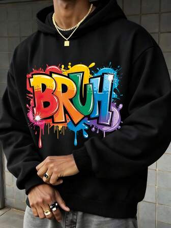 Teen Boy Style, Colorful Ink-Splashing Graffiti-Effect Letter Pattern Print, Casual Style, Hooded Sweatshirt, Can Be Worn In Spring And Autumn, Wear For Shopping, School, Travel, Party