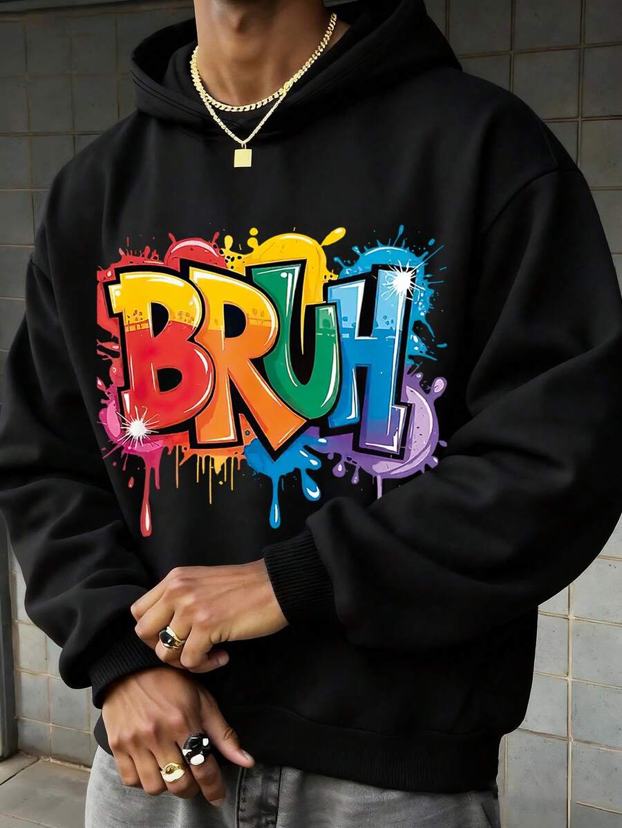 Sudadera informal con efecto de pintura de tinta colorida y estampado de letras para adolescentes varones, adecuada para primavera y otoño, apta para compras, escuela, viajes, fiestas y otras ocasiones - Negro - Ver 1