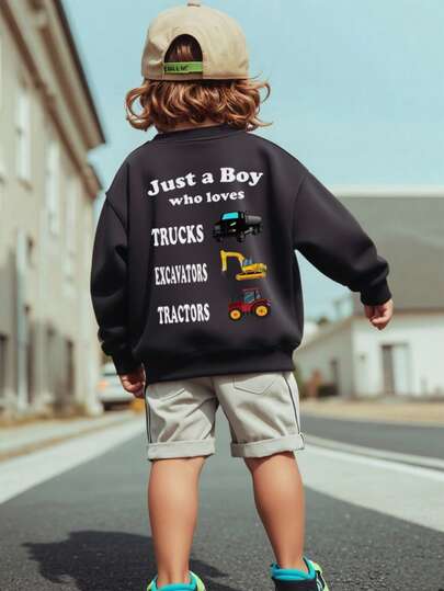 1件装幼儿男童休闲印花套头圆领卫衣，秋冬季学生儿童长袖上衣 - 挖掘机、起重机、卡车系列，每个年轻潮流引领者的终极圆领卫衣系列