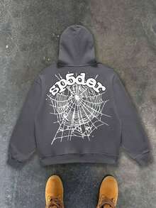 Hoodie With Playful Spider - Web Graphic And "Spider!" Slogan Men's Hoodies, Printed Hoodies, Unisex Hoodies And Casual Hooded Sweatshirts. Featuring A Casual Style Design And Comfortable Fit - Simply Fantastic! Such Lovely Printed Hoodies, Vintage-Style Hoodies (250g Polyester Fiber), Graphic Hoodies, Unisex Y2K-Style Hooded Sweatshirts - 灰色 - 查看 9