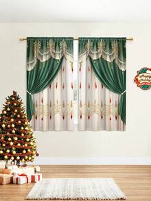 2pcs Fresh European Green And White Patterns Through The Rod Machine Washable And Hand Washable Polyester Fiber Material Curtains Suitable For Festival Decor Home Decor Bedroom Decor Kitchen Docor