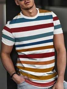 2025 Vintage Striped Digital Print Pattern Men's Round Neck Mesh Fabric Short Sleeve T-Shirt, Street Style - Multicolor - View 8