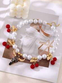 This Punk Western-Style Multi-Color Alloy Bull Head Faux Pearl Asymmetric Beaded Cherry Bead Necklace Is Designed For Women, Suitable For Outdoor Adventures, Shopping, And Daily Wear. This Eye-Catching, Distinctive Gold Accessory Is An Excellent Birthday Gift For Friends.