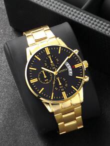 3 Stücke/Set Herren Quarzuhr, Business Lässig Mode Armbanduhr, Löwenkopf Anhänger Halskette Schmuckset