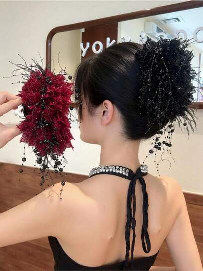 1pc Autumn And Winter Retro Peony Tassel Feather Hair Clip For Women 2025 New Double-Sided Full Hairpin, High-End Pearl Feather Versatile Fashion Large Hair Claw, Sparkling Flower, Voluminous Hair Accessory