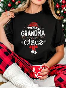 Christmas 'GRANDMA Claus' Women'S Short-Sleeve Round-Neck Casual T-Shirt With A Festive Print, Perfect For Family Gatherings During The Holiday Season. - 黑色 - 查看 1