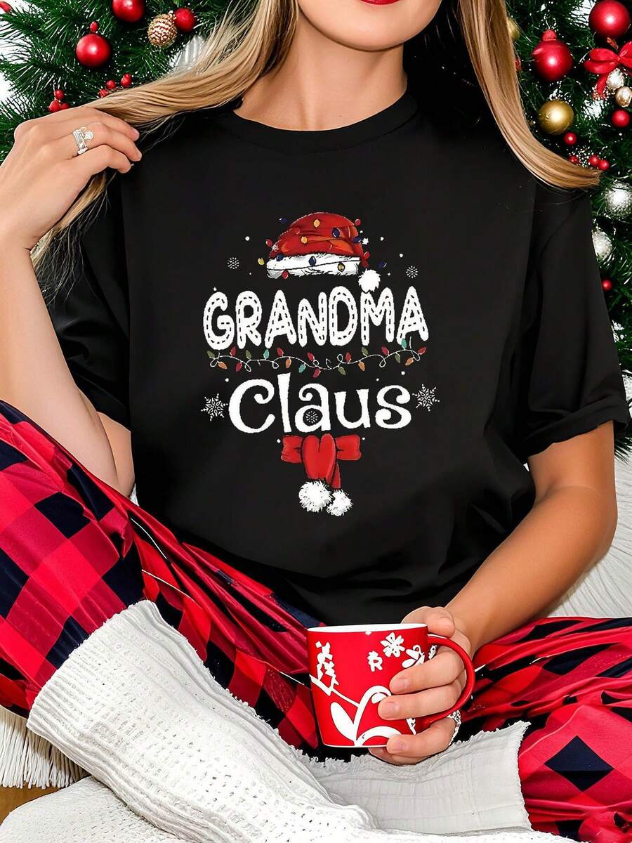 Christmas 'GRANDMA Claus' Women'S Short-Sleeve Round-Neck Casual T-Shirt With A Festive Print, Perfect For Family Gatherings During The Holiday Season. - 黑色 - 查看 1