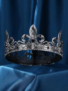 国王皇冠，男士水晶复洛克黑色皇冠舞会国王皇冠头饰邪恶皇冠奢华水钻银色皇冠生日舞会万圣节角色扮演派对生日皇冠 - 古銀色 - 查看 1