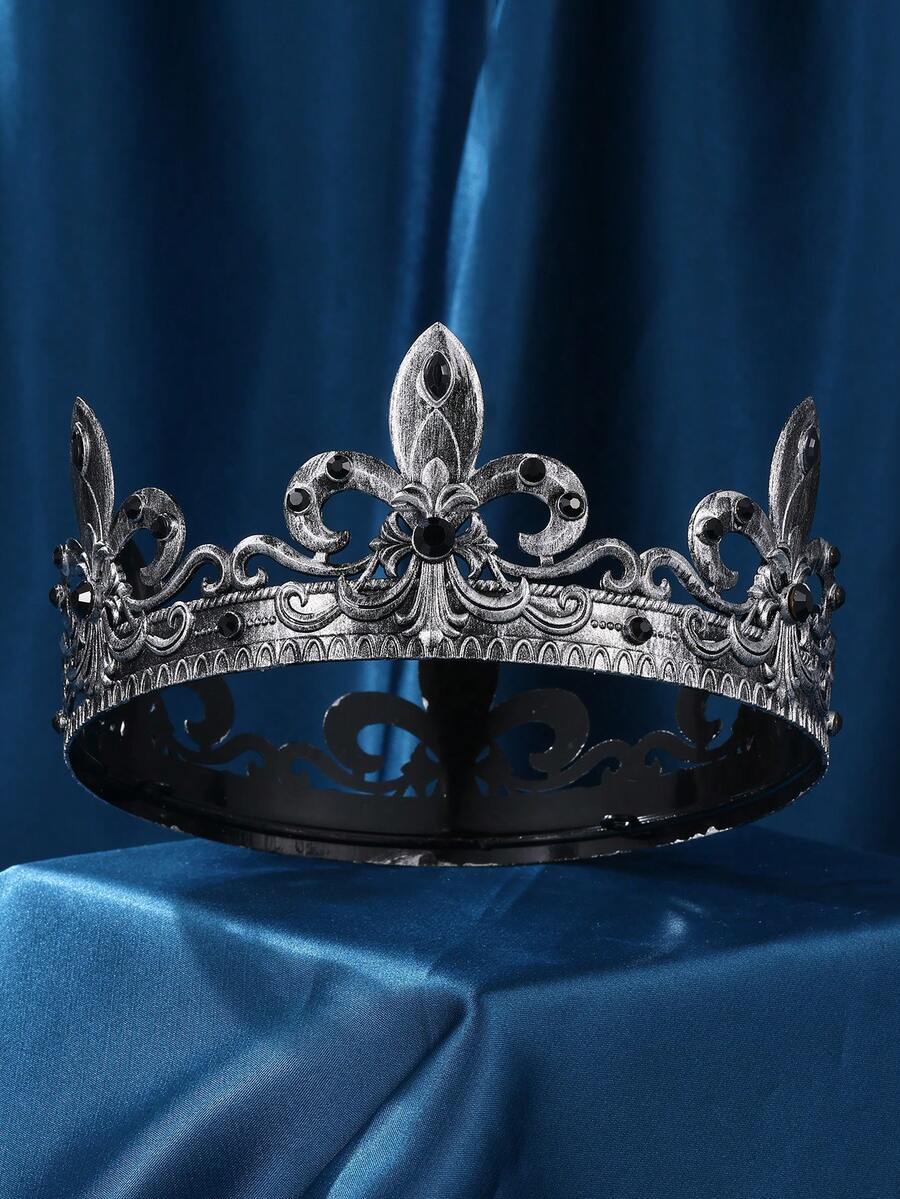 国王皇冠，男士水晶复洛克黑色皇冠舞会国王皇冠头饰邪恶皇冠奢华水钻银色皇冠生日舞会万圣节角色扮演派对生日皇冠 - 古銀色 - 查看 1