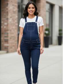 Maternidad Overol mezclilla con parche con bolsillo, Peto maternidad, mono de mezclilla, ropa embarazada, tela elástica, ajuste regulable, comodidad embarazo, prendas maternidad, moda gestante, ropa casual premamá - Azul Marino - Ver 1