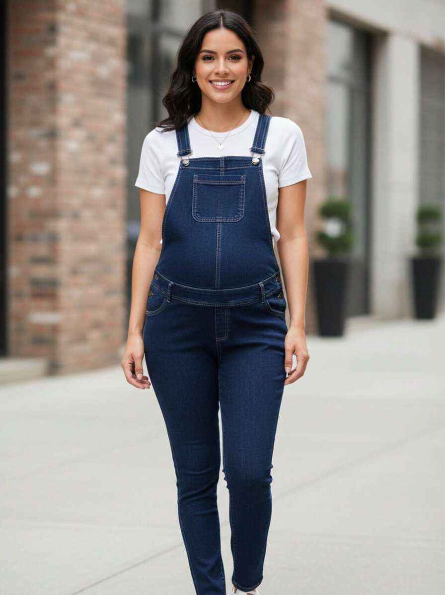 Maternidad Overol mezclilla con parche con bolsillo, Peto maternidad, mono de mezclilla, ropa embarazada, tela elástica, ajuste regulable, comodidad embarazo, prendas maternidad, moda gestante, ropa casual premamá - Azul Marino - Ver 1