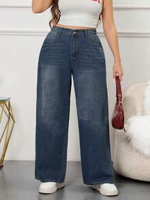 Blue Vintage Denim Pocket Plus-Size Wide-Leg Boyfriend Jeans Casual Outfit For Women High-Waisted Straight Long Pants For Summer