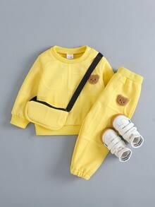 2pcs Baby Boy Casual Outfit Set - Letter Jacquard Crew Neck Long Sleeve Sweatshirt With Bear Embroidery And Pants, Autumn/Winter - Yellow - View 4